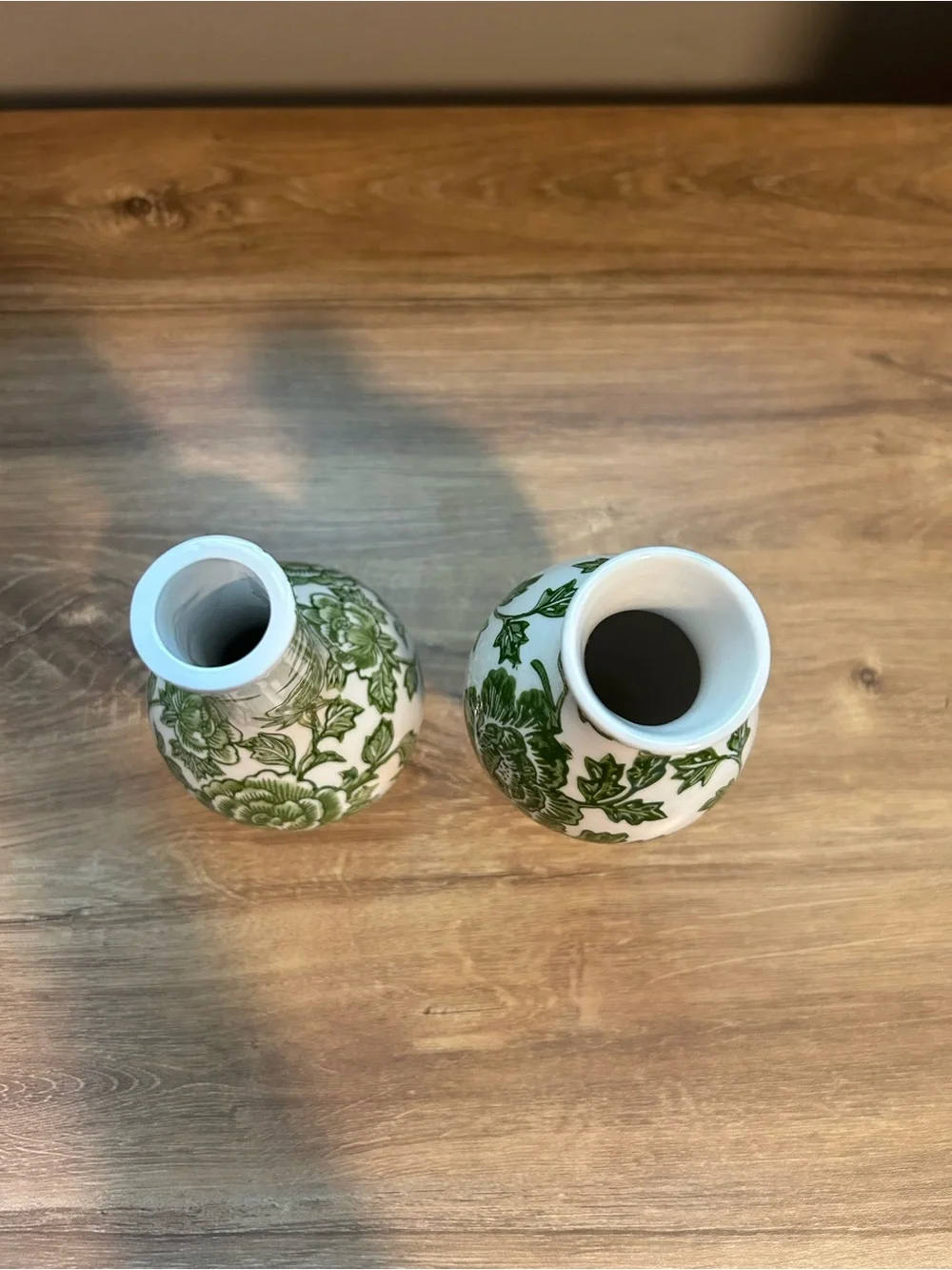Off White Ceramic Bud Vase Pair with Green Floral Motif
